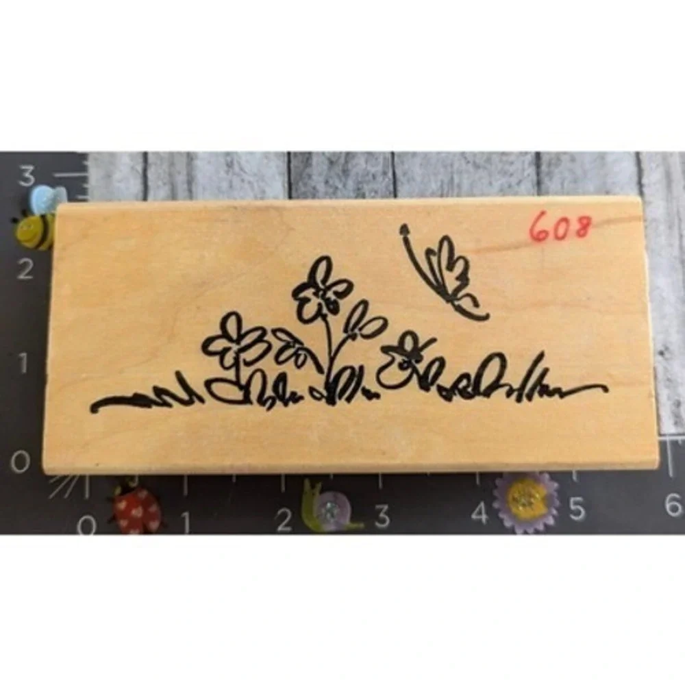 Denami Design Butterfly Flowers Grass Rubber Stamp Wood #C5